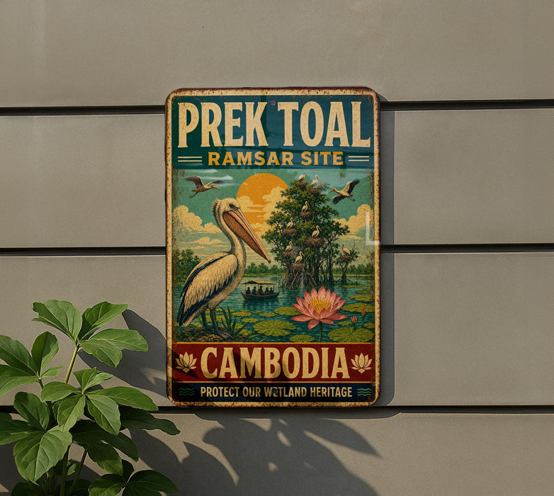 A vintage metal sign with a colorful illustration of a pelican and a pond, along with text promoting the Prek Toal Ramsar Site in Cambodia.