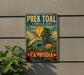 A vintage metal sign with a colorful illustration of a pelican and a pond, along with text promoting the Prek Toal Ramsar Site in Cambodia.
