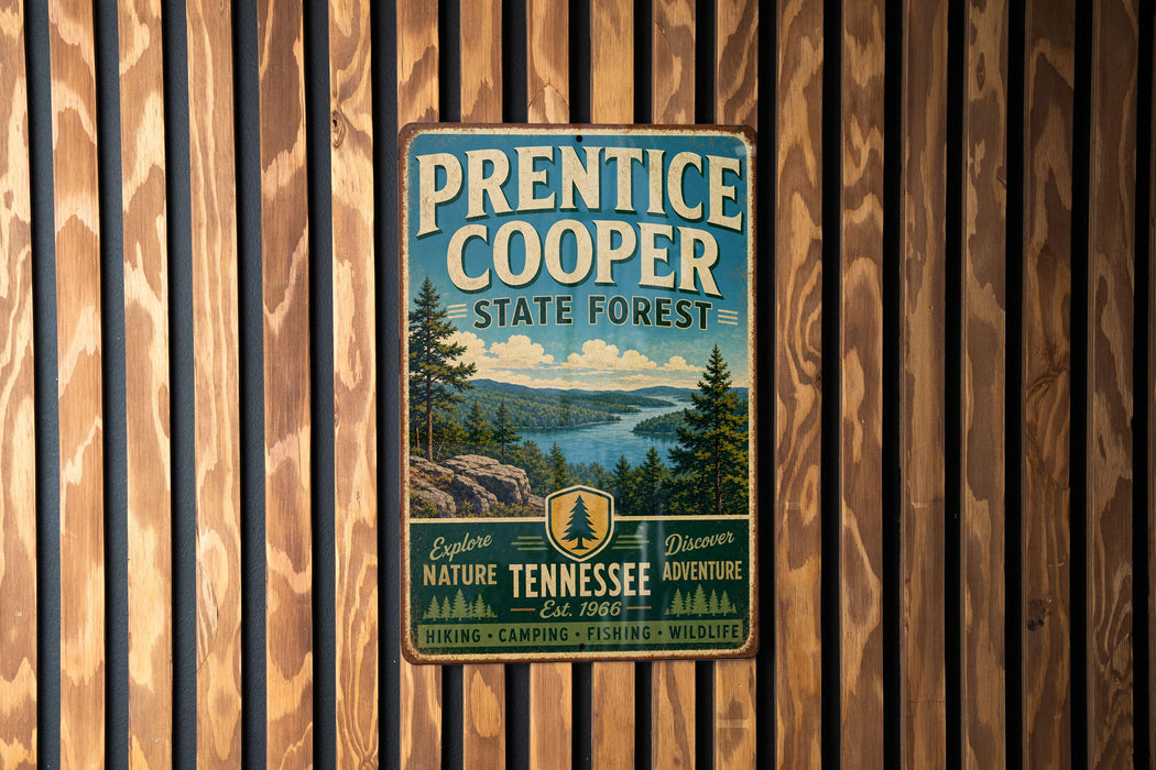 A vintage metal sign for Prentice Cooper State Forest, featuring a scenic image of pine trees, a river, and mountains.