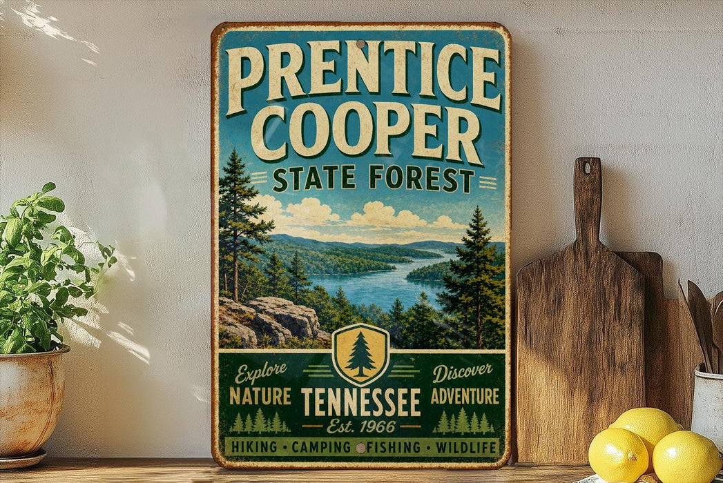A vintage-style metal sign for Prentice Cooper State Forest, featuring a scenic mountain landscape and pine trees, is displayed on a shelf next to a wooden cutting board and some lemons.