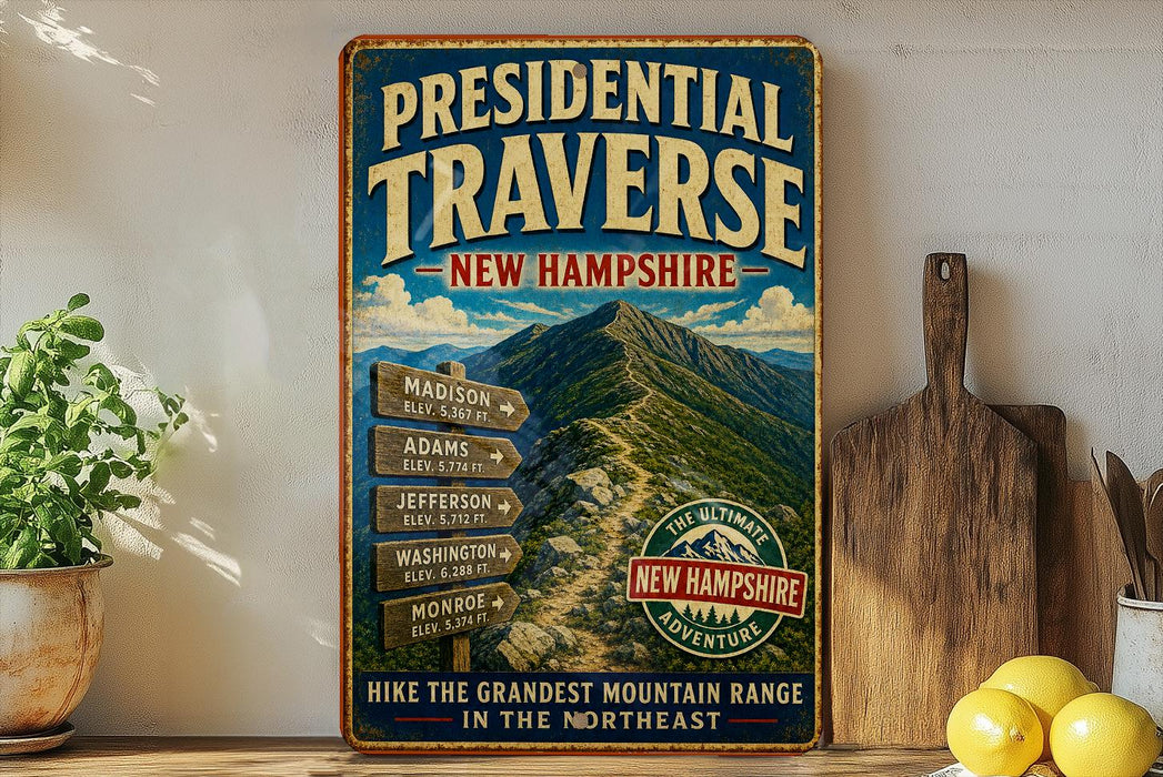 A vintage-style metal sign advertising the Presidential Traverse in New Hampshire, featuring a mountain landscape and directional signs.