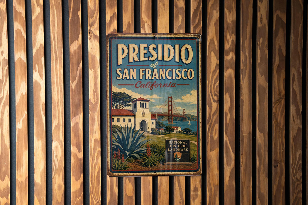 A vintage metal sign with the text "PRESIDIO OF SAN FRANCISCO CALIFORNIA" and a picture of a building and bridge, hanging on a wooden wall.