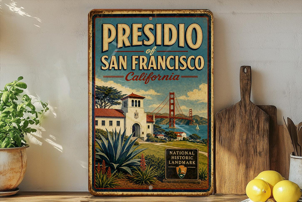 A vintage-style metal sign for Presidio of San Francisco, California, featuring a scenic illustration of the city's landmarks and greenery.