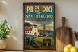 A vintage-style metal sign for Presidio of San Francisco, California, featuring a scenic illustration of the city's landmarks and greenery.