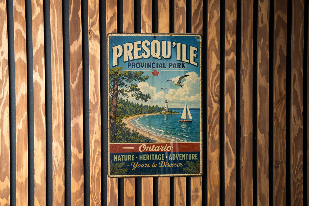 A vintage-style metal sign for Presqu' Isle Provincial Park, featuring a scenic illustration of a beach, lighthouse, and sailboat.