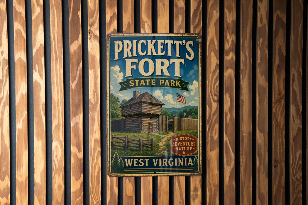A vintage-style metal sign for Prickett's Fort State Park in West Virginia, featuring a wooden cabin and a flag.