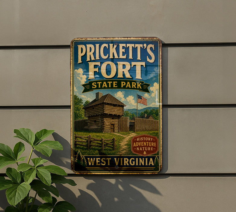 A vintage metal sign for Prickett's Fort State Park in West Virginia, featuring a wooden cabin and a flag, mounted on a wall.