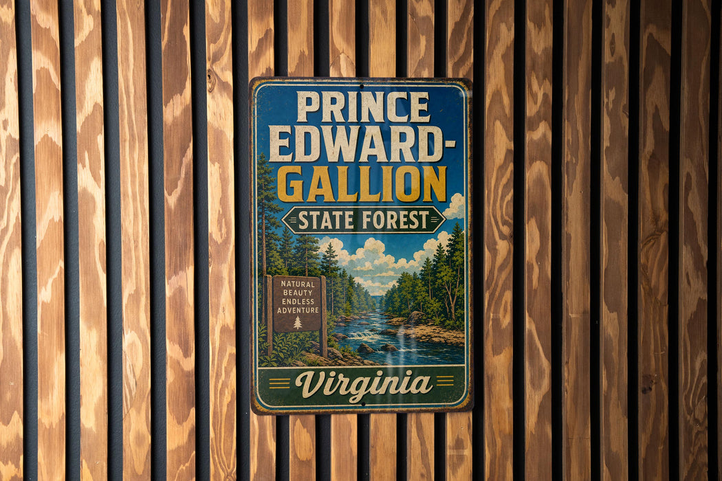 A vintage metal sign for Prince Edward-Gallon State Forest in Virginia, featuring a scenic image of a forest and a river.