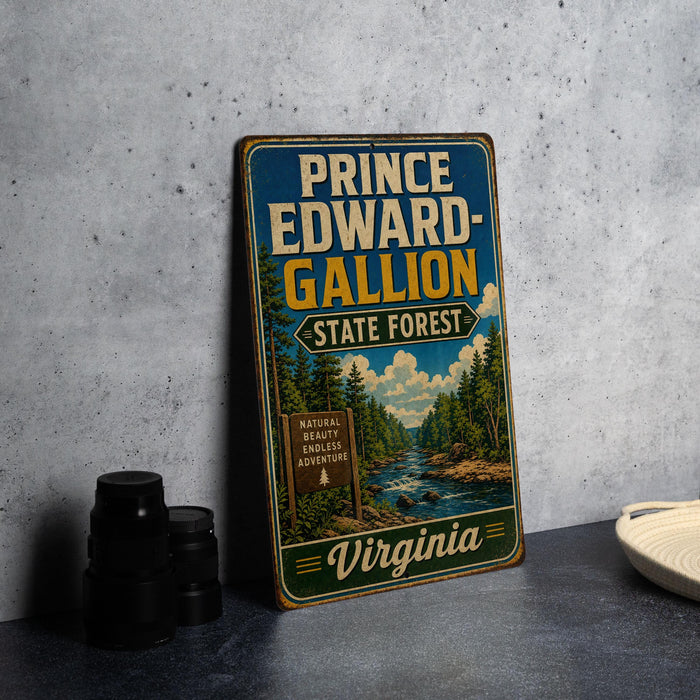 A vintage-style metal sign for Prince Edward-Gallon State Forest in Virginia, featuring a scenic illustration of a forest and a river.