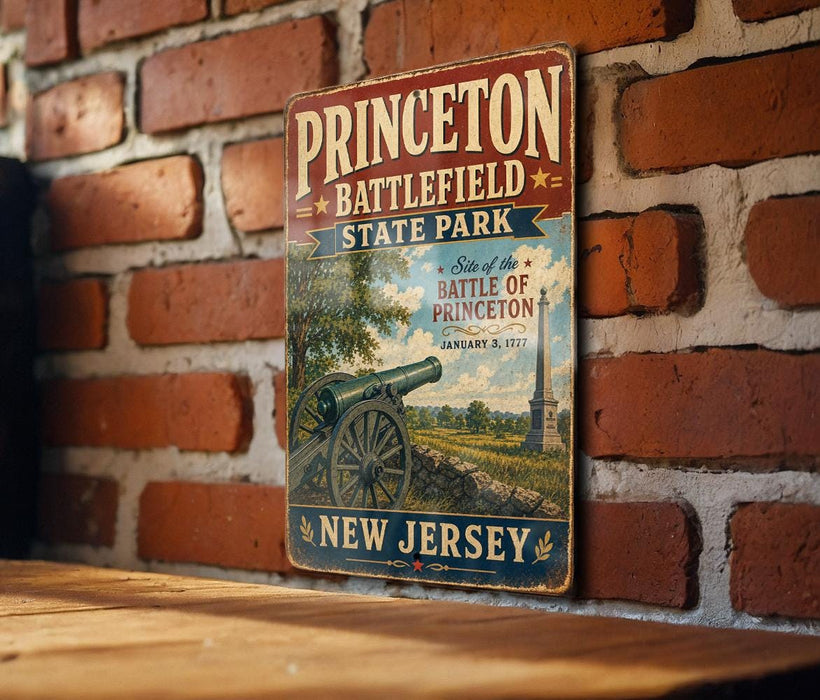 A vintage metal sign for Princeton Battlefield State Park, featuring a cannon and a scenic landscape.