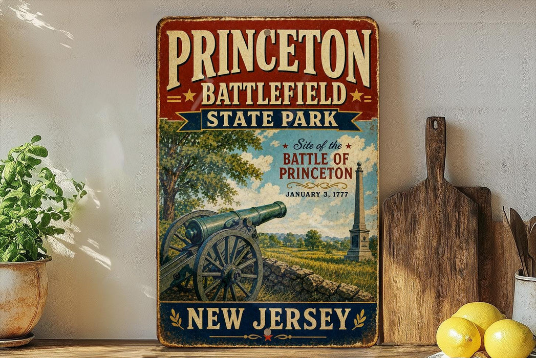 a vintage-style sign for Princeton Battlefield State Park, with a cannon and a scenic landscape in the background.