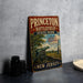 A vintage metal sign for Princeton Battlefield State Park, featuring a cannon and a scenic landscape, is displayed on a gray countertop.