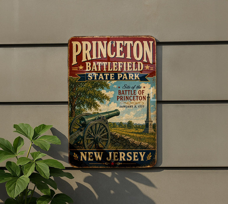 A vintage metal sign for Princeton Battlefield State Park, featuring a cannon and a scenic landscape.