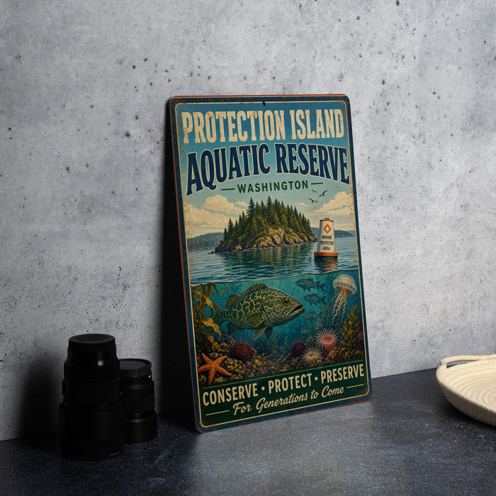 A vintage-style metal sign for the Protection Island Aquatic Reserve in Washington, featuring an illustration of underwater marine life and a boat.