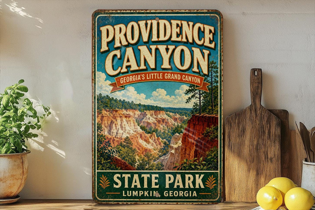 A vintage-style sign for Providence Canyon, Georgia, featuring a scenic landscape with mountains and a blue sky.
