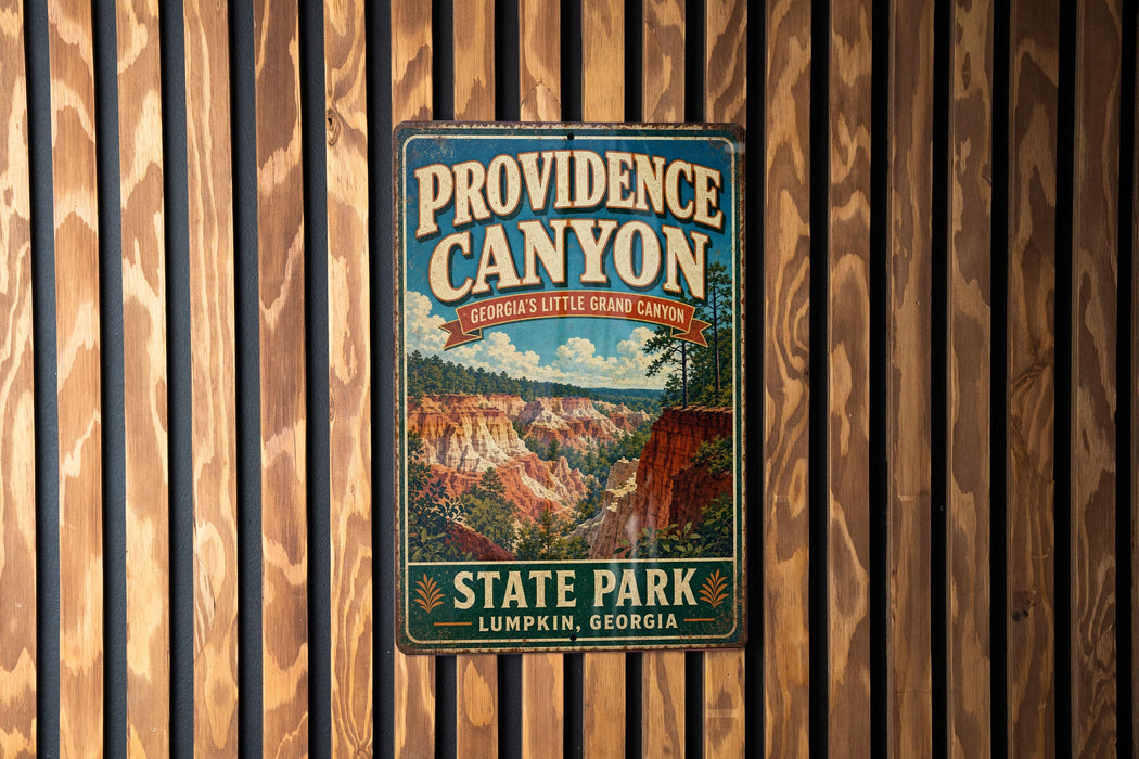 A vintage-style metal sign for Providence Canyon, a famous landmark in Georgia, hangs on a wooden wall.