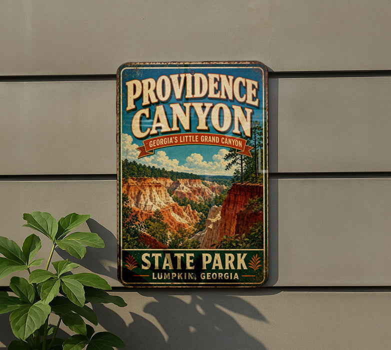 A vintage-style metal sign for Providence Canyon, Georgia's Little Grand Canyon State Park, mounted on a wall next to a plant.