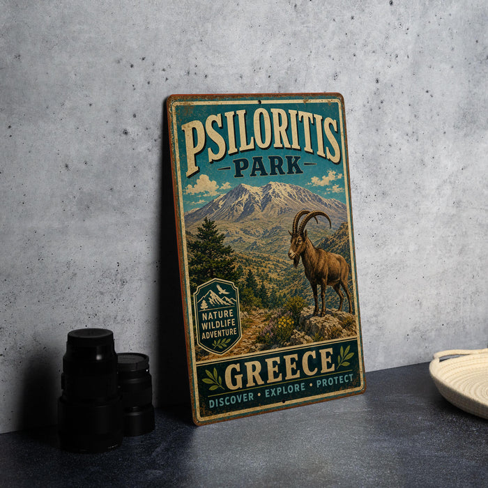 A vintage-style metal sign for Psiloritis Park in Greece, featuring a mountain landscape and a goat.