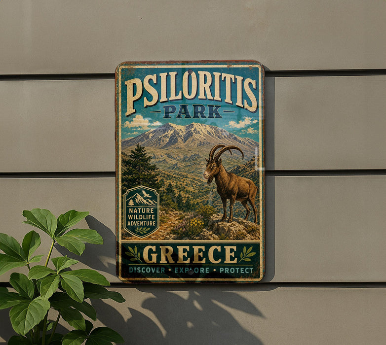 A vintage-style metal sign for Psiloritis Park in Greece, featuring a mountain landscape and a goat.