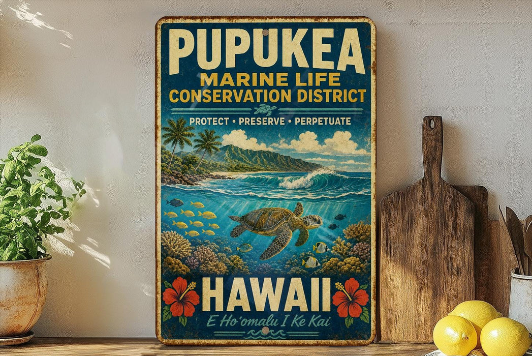 A vintage metal sign with a tropical beach scene and a sea turtle, promoting the Pupukea Marine Life Conservation District in Hawaii.