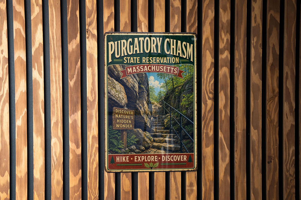 A vintage metal sign for the Purgatory Chasm State Reserve in Massachusetts, featuring a scenic image of a rocky trail leading up to a waterfall.