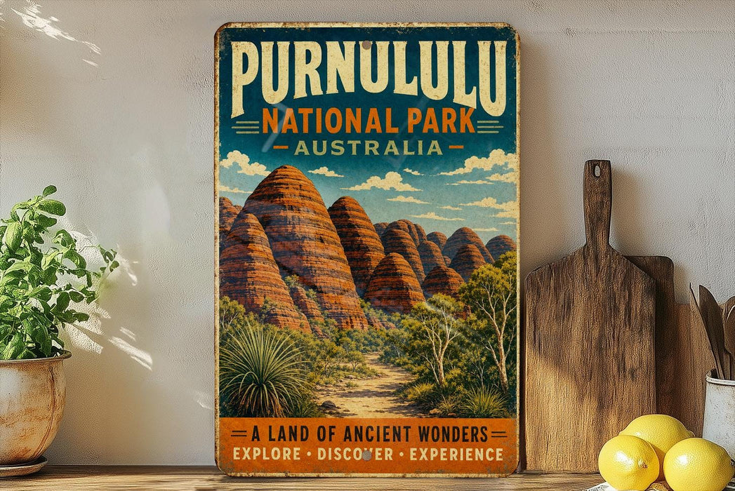 a vintage-style poster of the Purnululu National Park in Australia, with a scenic illustration of the unique rock formations. The poster is displayed on a wall, surrounded by various kitchen items such as a cutting board, a knife, a spoon, and a bowl.