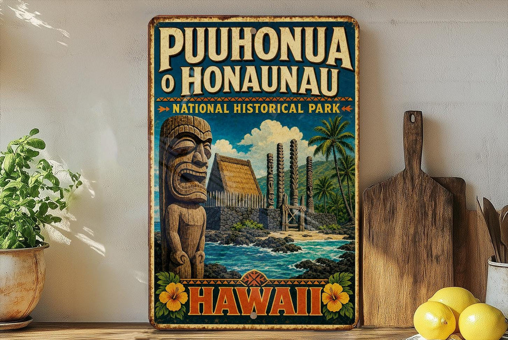 A vintage-style metal sign for Puhonua O Honaunau National Historical Park, featuring a tiki statue and tropical landscape, is displayed on a shelf next to a wooden cutting board and a potted plant.