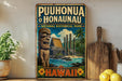 A vintage-style metal sign for Puhonua O Honaunau National Historical Park, featuring a tiki statue and tropical landscape, is displayed on a shelf next to a wooden cutting board and a potted plant.