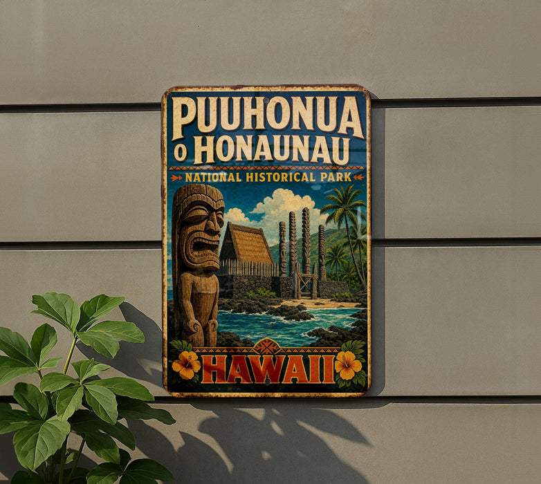 A vintage-style metal sign for Puhonua O Honaunau National Historical Park, featuring a tiki statue and a tropical landscape.