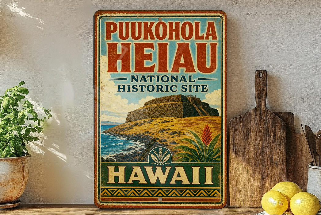A vintage-style sign for Puukohola Heiau, the National Historic Site in Hawaii, featuring a tropical landscape with a castle and palm trees.