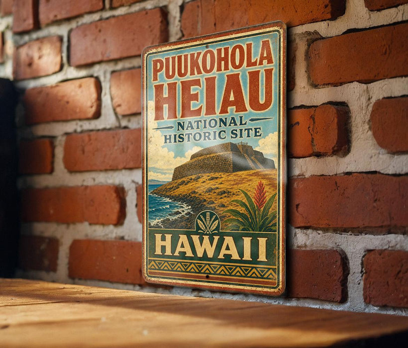 A vintage-style metal sign for Puukohola Heiau, the National Historic Site in Hawaii, is displayed on a brick wall.