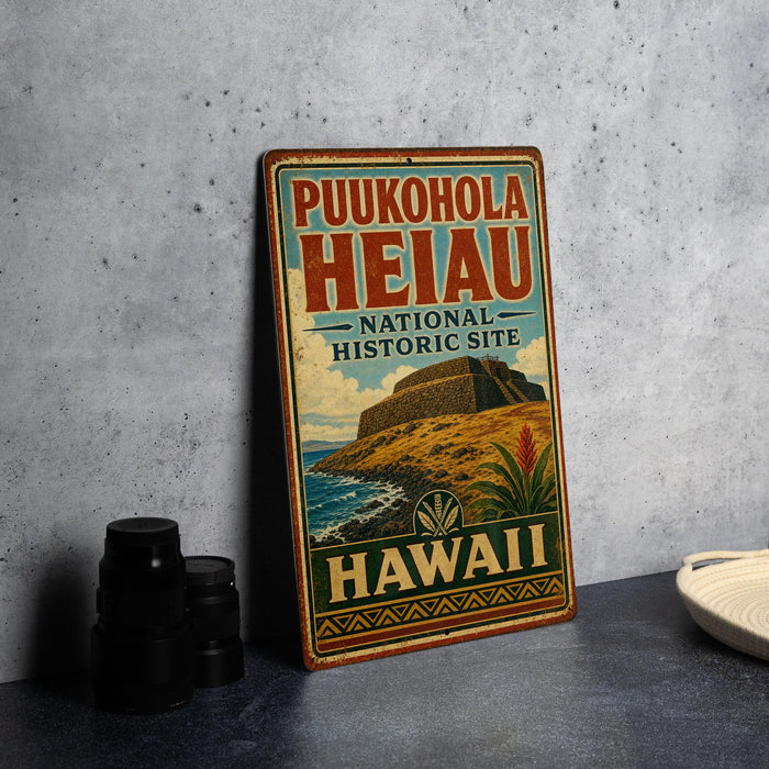 A vintage-style sign for thePUKOHOLA HEIAU NATIONAL HISTORIC SITE, featuring a tropical island landscape and the word "HAWAII" in bold letters.