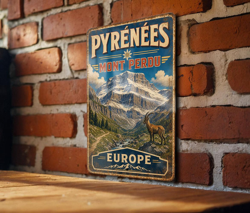 A vintage-style metal sign with a mountain landscape and a goat, mounted on a brick wall.