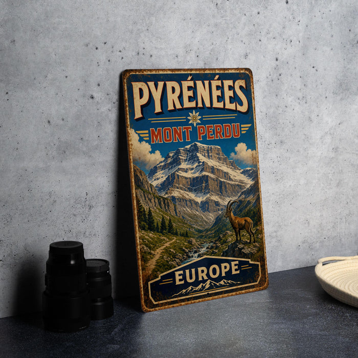 A vintage-style metal sign with the text "PYRENÉEES MONT PERDU EUROPE" is displayed on a table, with a mountain landscape and a goat in the background.