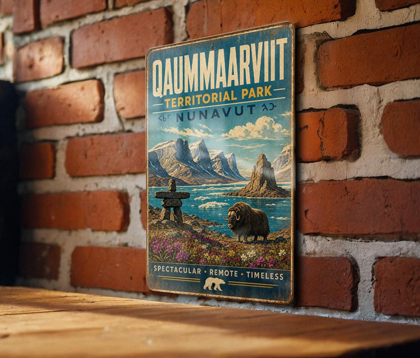 a vintage-style metal sign with a scenic landscape depicting a polar bear, mountains, and a lake, mounted on a brick wall.