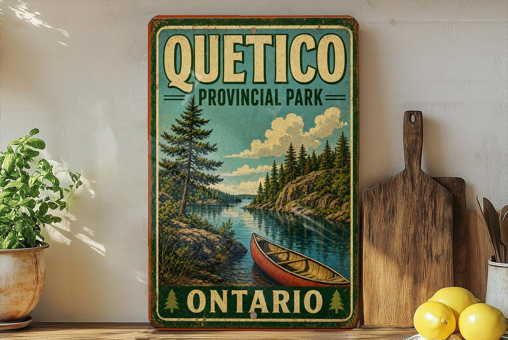 A vintage-style sign for Quito Provincial Park in Ontario, featuring a canoe on a river surrounded by pine trees and a cloudy sky.