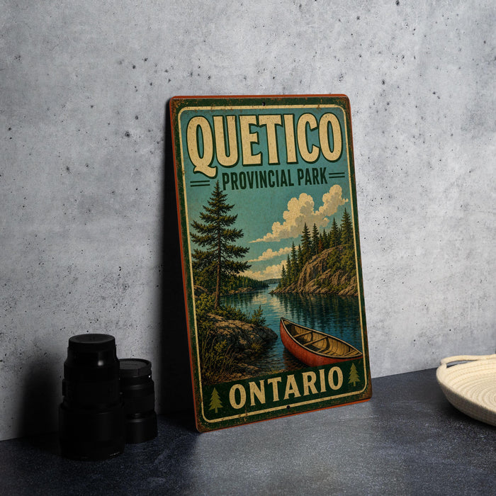 A vintage-style metal sign for Quetico Provincial Park in Ontario, featuring a scenic illustration of a lake, pine trees, and a canoe.