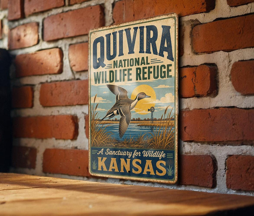 A vintage-style sign for the Quivira National Wildlife Refuge in Kansas, featuring a duck flying over a grassy field with a windmill in the background.