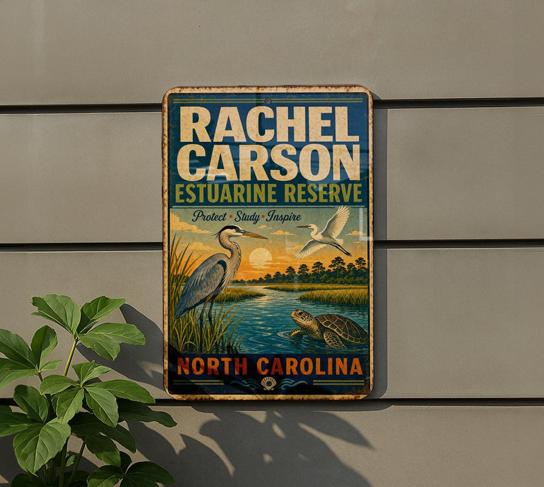 A vintage-style sign for Rachel Carson Estuarine Reserve in North Carolina, featuring illustrations of birds, a heron, and a turtle in a natural setting.
