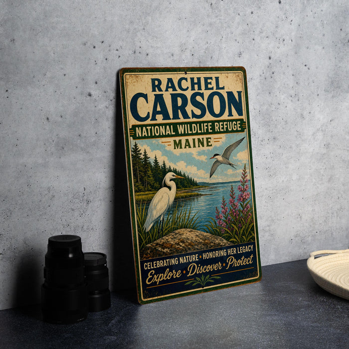 a vintage-style metal sign with a bird illustration, placed on a gray countertop next to a stack of black camera lenses.