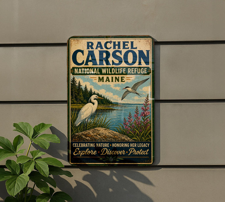 a vintage-style sign for the National Wildlife Refuge in Maine, with a bird illustration and a scenic landscape.