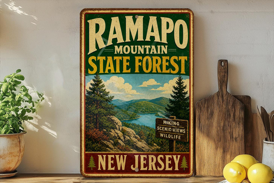A vintage-style metal sign for Ramapo Mountain State Forest in New Jersey, featuring a scenic landscape with pine trees, mountains, and a river.