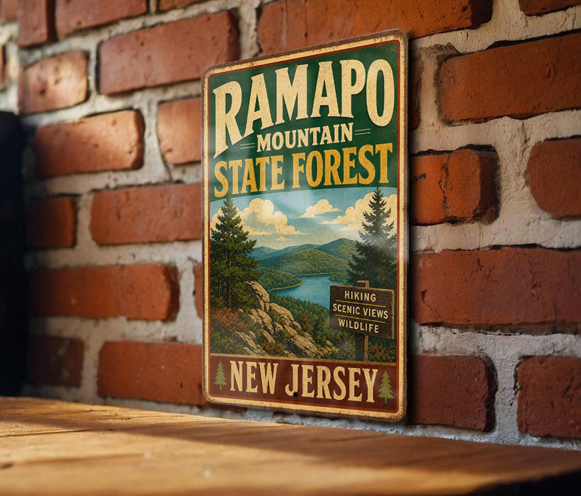 A vintage metal sign for Ramapo Mountain State Forest in New Jersey, featuring a scenic landscape with pine trees, mountains, and a lake.