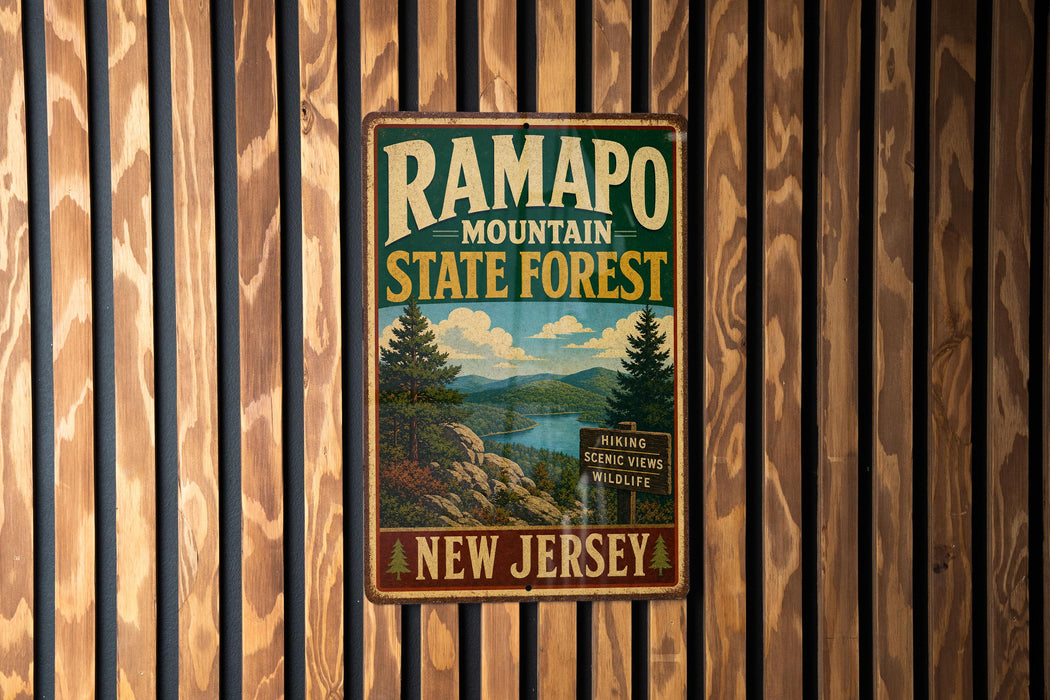 A vintage metal sign for Ramapo Mountain State Forest in New Jersey, featuring a scenic landscape with pine trees, mountains, and a river.