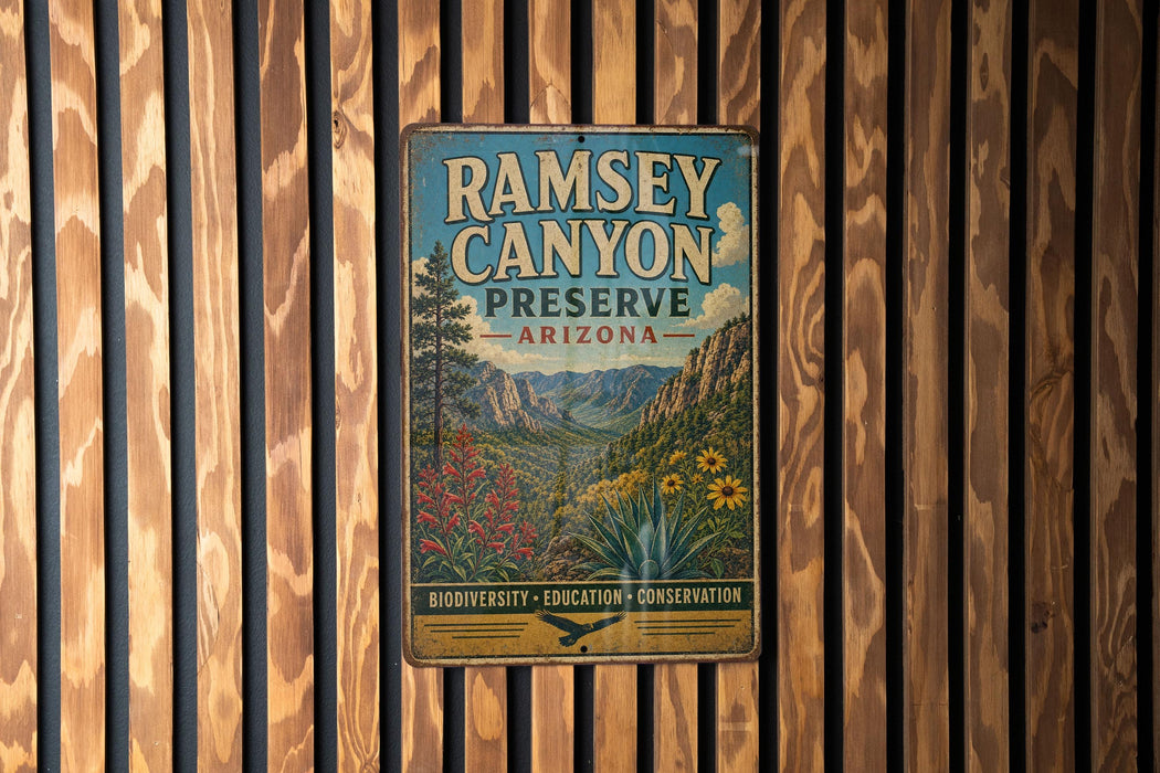 A vintage metal sign for Ramsey Canyon Preserve in Arizona, featuring a scenic landscape with mountains, flowers, and a river.