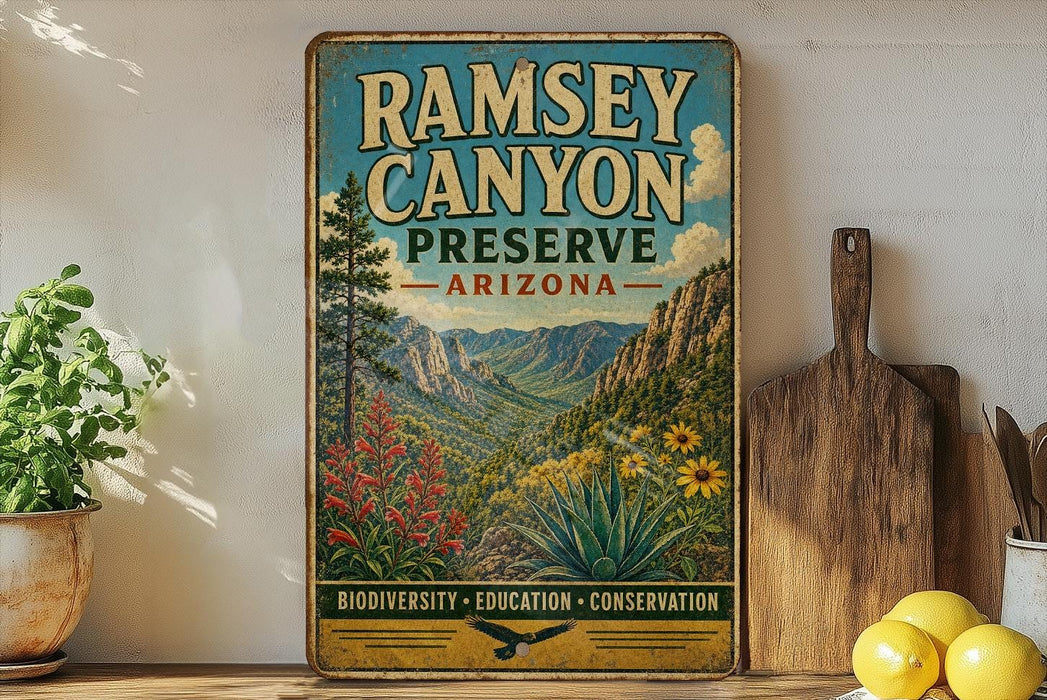a vintage-style poster of Ramsey Canyon Preserve, Arizona, with a scenic mountain landscape and desert vegetation. The poster is displayed on a wall, and there are some kitchen utensils, such as a cutting board and a knife, as well as some potted plants and lemons in the foreground.