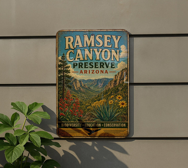 A vintage metal sign for Ramsey Canyon Preserve in Arizona, featuring a scenic landscape with mountains, flowers, and a desert backdrop.