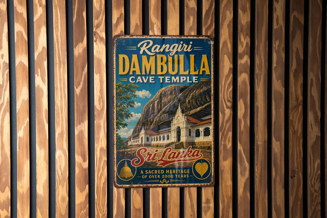 A vintage-style metal sign with the text "Rangiri Dambulla Cave Temple" and "Sri Lanka" is displayed on a wooden wall.