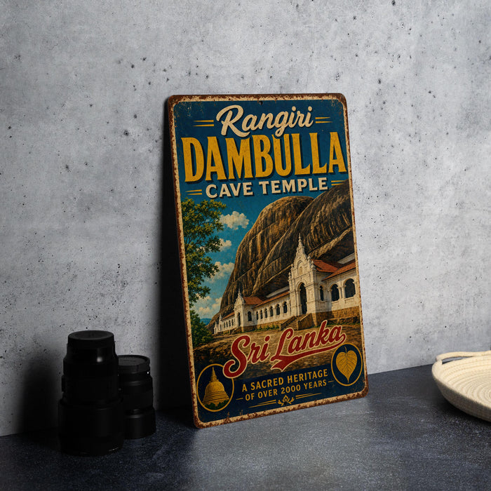 A vintage metal sign advertising the "Rangiri Dambulla Cave Temple" in Sri Lanka, featuring a temple and a mountain landscape.