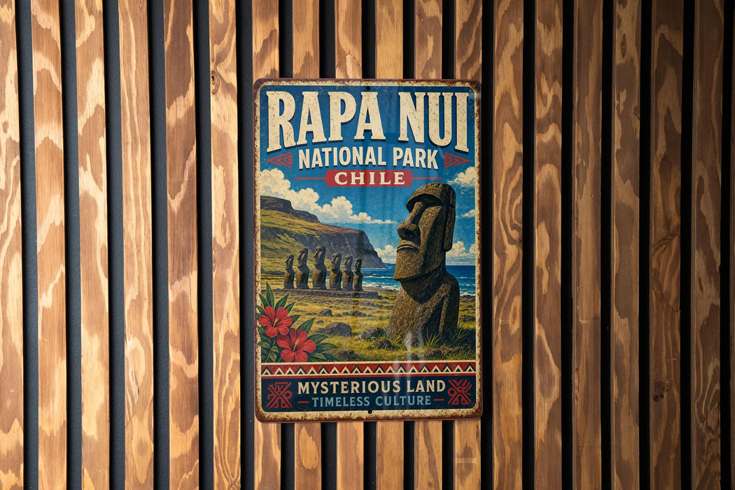 a vintage-style metal sign with the text "RAPA NUI NATIONAL PARK CHILE" and an illustration of Easter Island's Moai statues.
